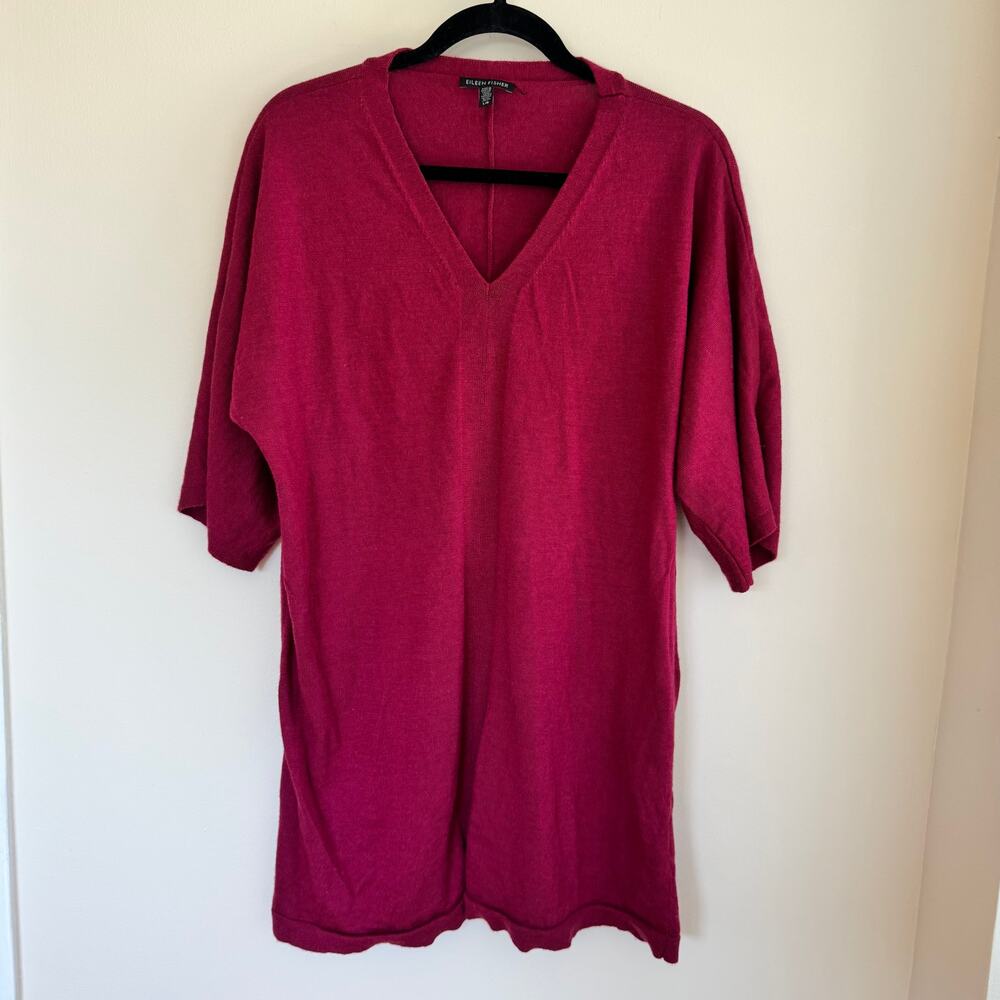Eileen Fisher Tunic Raspberry Red Merino Wool V-Neck Sweater Dolman Sleeve Sz L